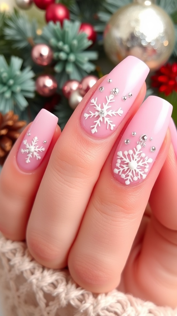 Elegant Pink Christmas Ballerina Nails Elegant pink ballerina nails with snowflake designs and glitter on a festive background.